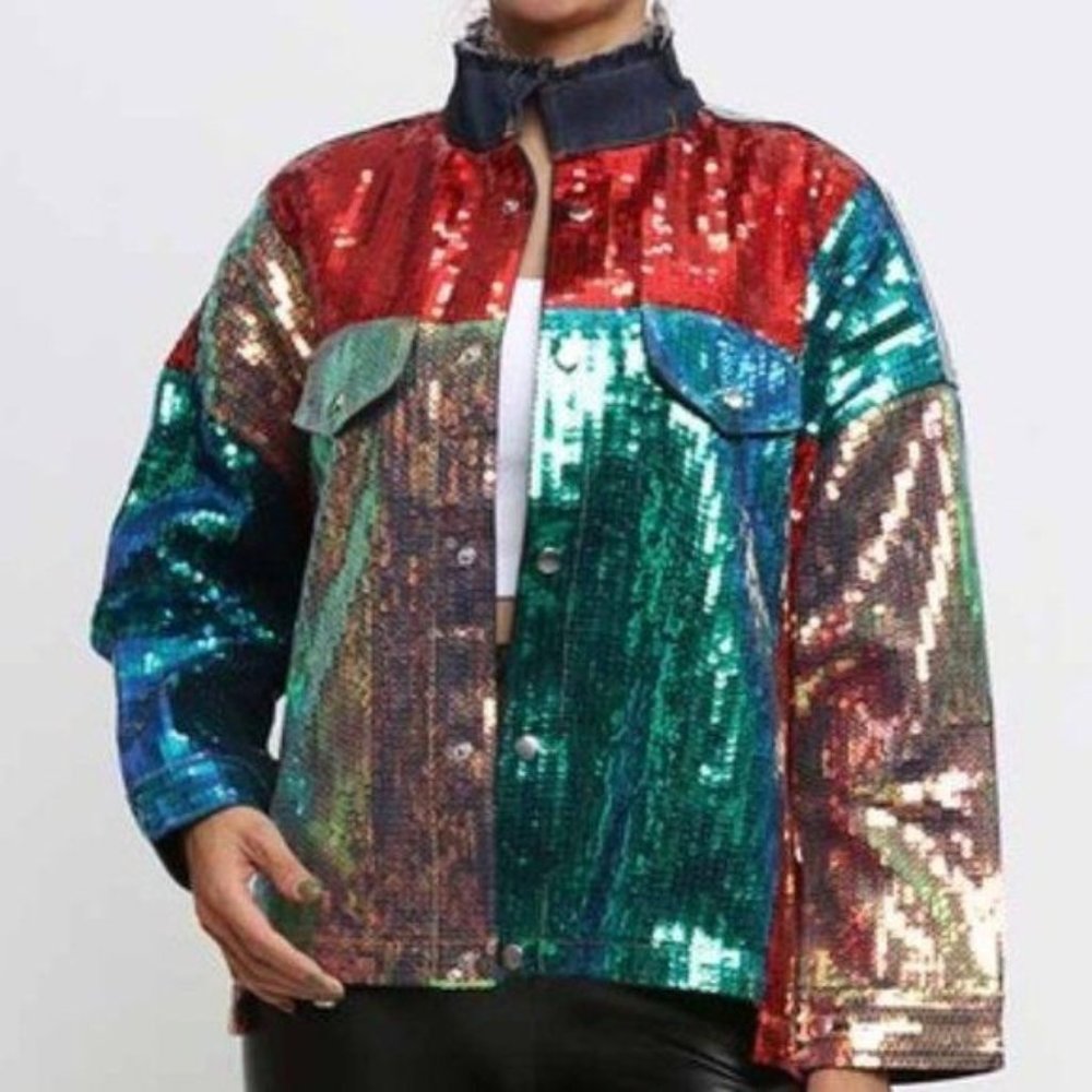 Callie Lives Celebration: Multi-Color Block Sequin Denim Jean Jacket M/L/XL - Picture 4 of 12